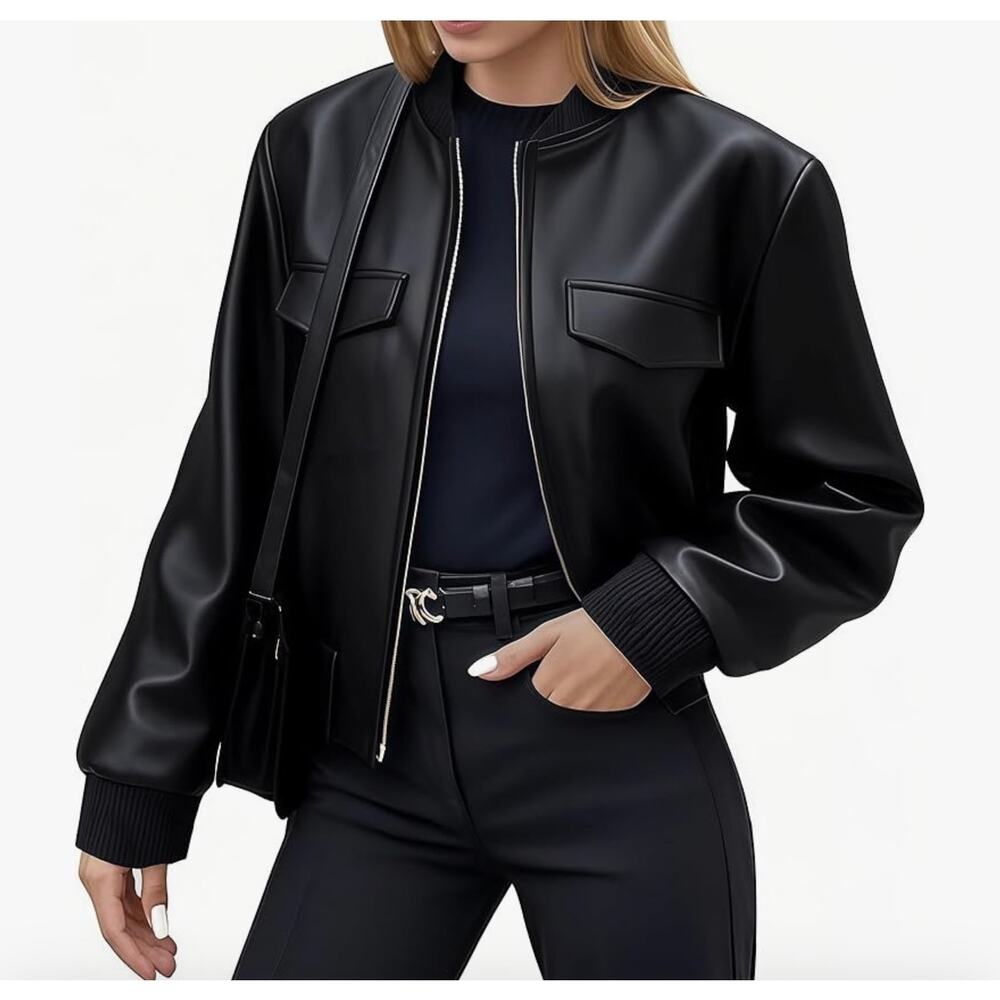 Ommiivex Black Faux Leather Cropped Bomber Jacket Size Large NWT